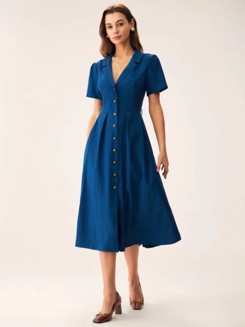 Rihoas V-Neck Pleated Button Midi Dress - size XS